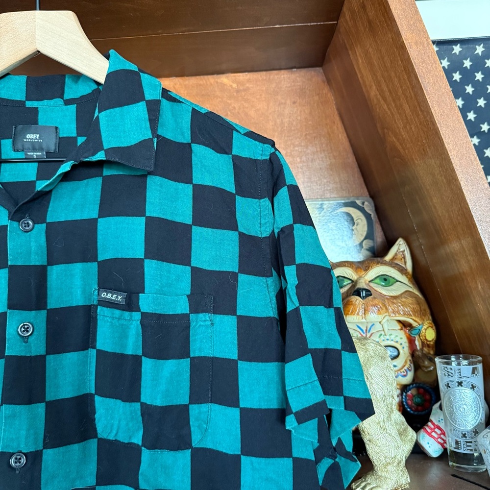 OBEY - Men's Green and Black Checkered Shirt